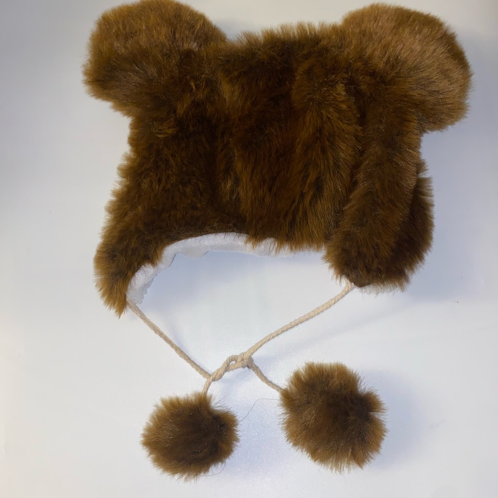 Brown Furry Kids Hat with Pom Poms